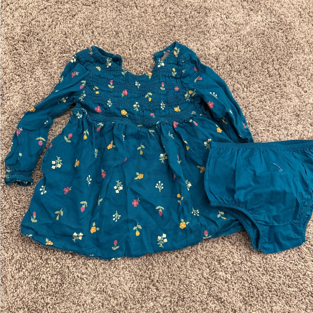 Cat & Jack Teal Floral Smocked Long-Sleeve Dress with Matching Bloomers